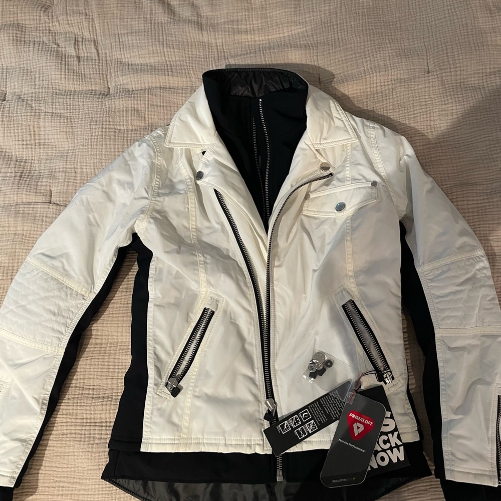 Women's White and Black Doll Ski Jacket